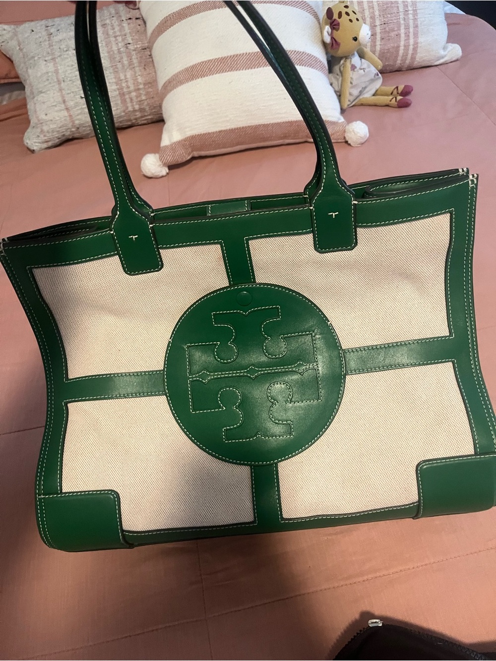 Tory Burch Cream Canvas Tote with Green Leather Trim